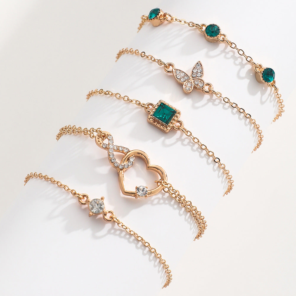 Bohemian 5pc Green Crystal Bracelets Jewelry Set For Women Heart Bracelet Wedding Engagement Bracelet Fashion Jewelry - Be Fatima 