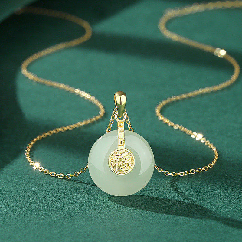 The New Nafu Peace Button And Field Jade Necklace Female Retro Chinese Style Fu Character 18K Gold Collarbone Chain Country Tide Sterling Silver - Be Fatima 