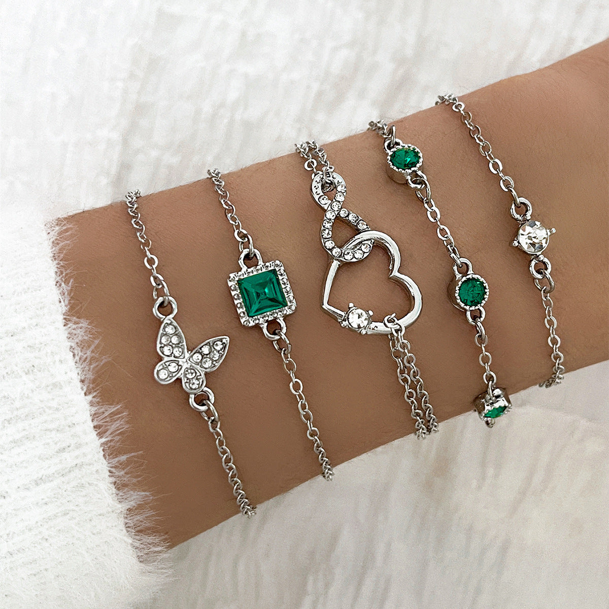 Bohemian 5pc Green Crystal Bracelets Jewelry Set For Women Heart Bracelet Wedding Engagement Bracelet Fashion Jewelry - Be Fatima 