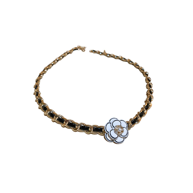 Dark Style Rhinestone-encrusted Pearl Flower Leather Winding Necklace - Be Fatima 