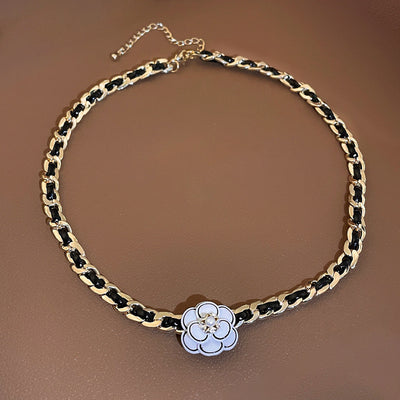 Dark Style Rhinestone-encrusted Pearl Flower Leather Winding Necklace - Be Fatima 