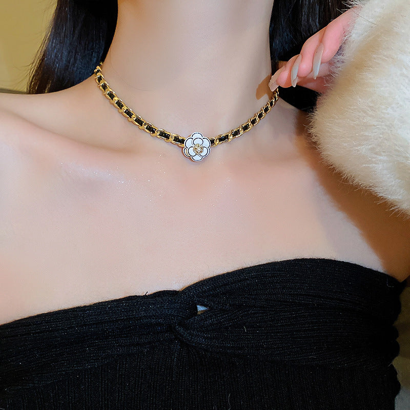 Dark Style Rhinestone-encrusted Pearl Flower Leather Winding Necklace - Be Fatima 