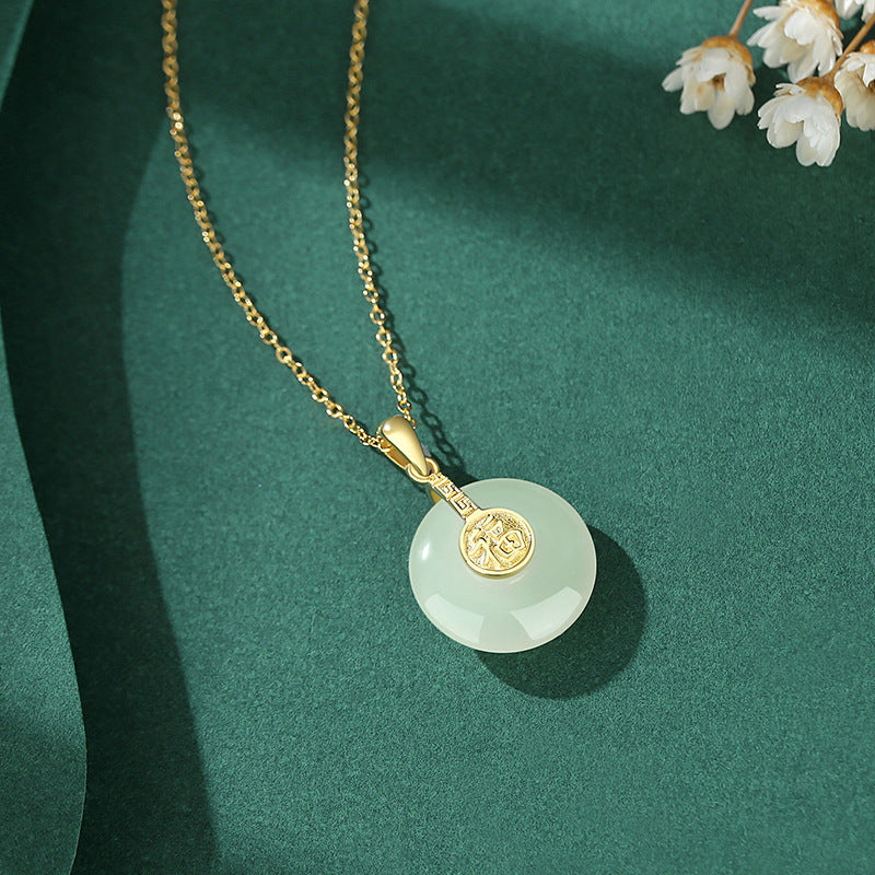 The New Nafu Peace Button And Field Jade Necklace Female Retro Chinese Style Fu Character 18K Gold Collarbone Chain Country Tide Sterling Silver - Be Fatima 